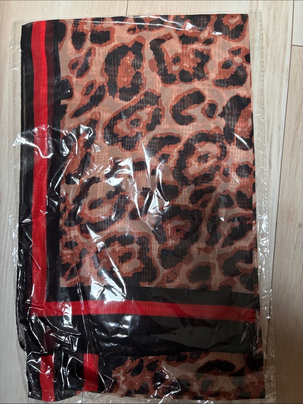 Sheer Leopard Print Scarf with Red-Black Border - Picture 7 of 7